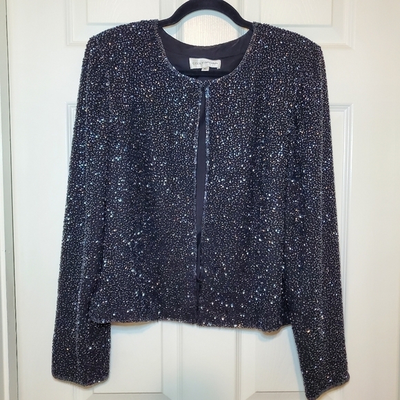 Vintage Cecily Brown Beaded Navy Blue Silk Jacket Sz XL - Picture 1 of 14
